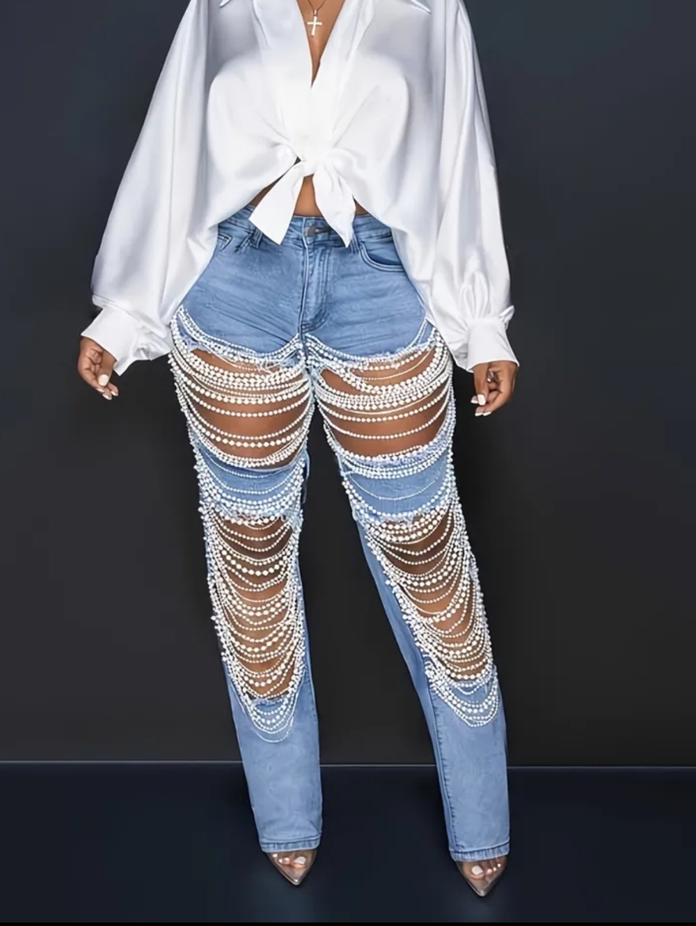Light Blue Pearl-Embellished Distressed Women's Jeans - Picture 7 of 9